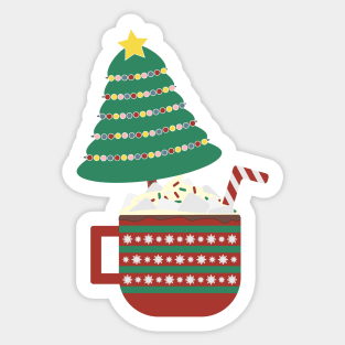 Decorated Christmas tree in a large Red Green mug with hot cocoa, whipped cream, marshmallow and striped candy cane Sticker